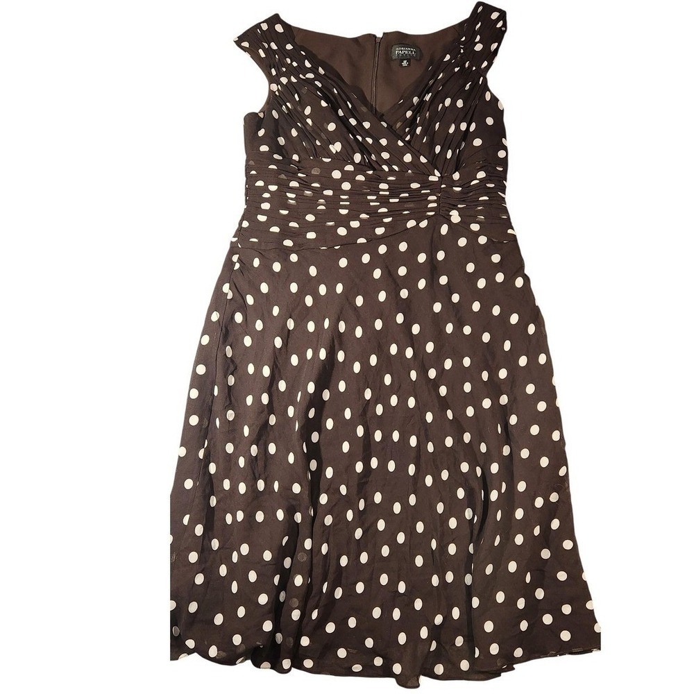 Adrianna Papell Dress Womens 12P Brown Polka Dot Silk Sweetheart Fit Flare